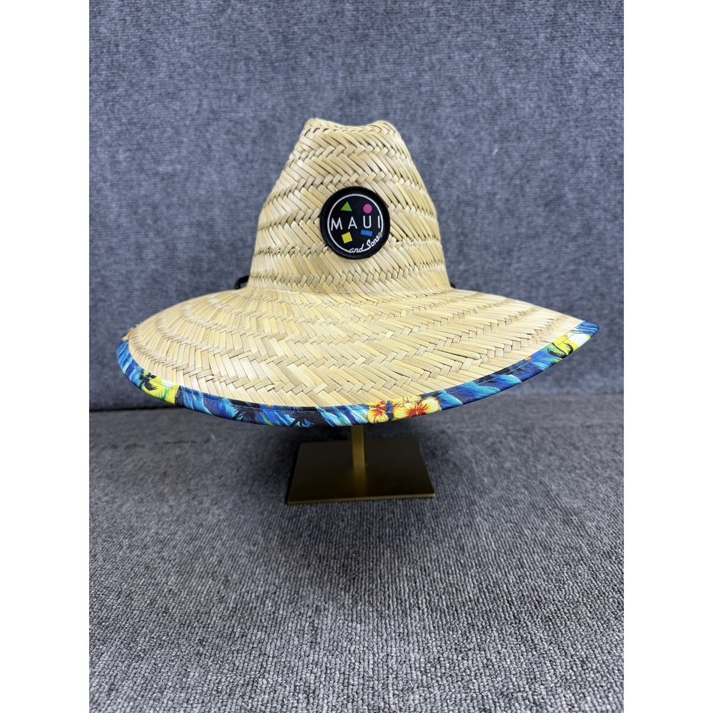 Maui And Sons Hat Boonie Mens One Size Beige Straw Hawaiian Floral Sun Beach